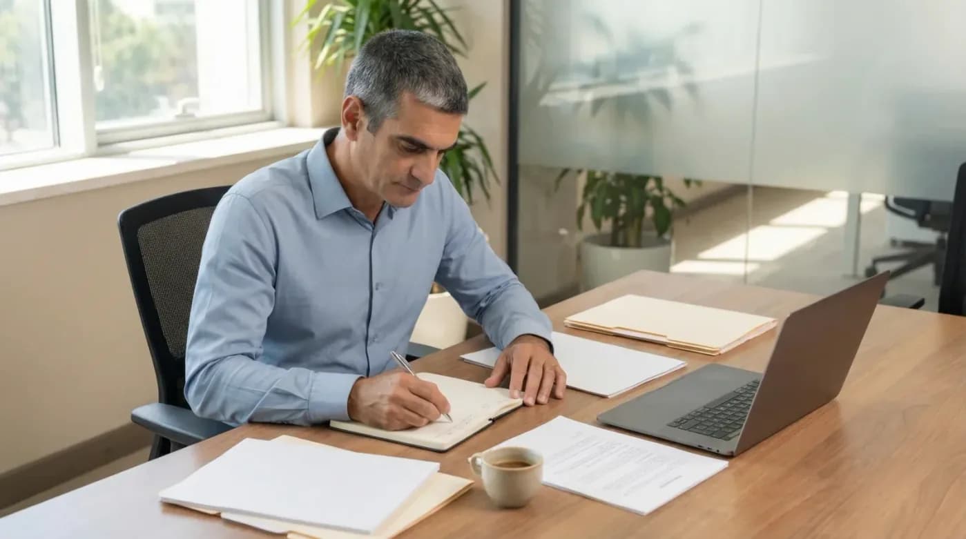 Ofiste çalışan danışman — şirket alım satım danışmanlığı, yüksek açı profesyonel çalışma sahnesi